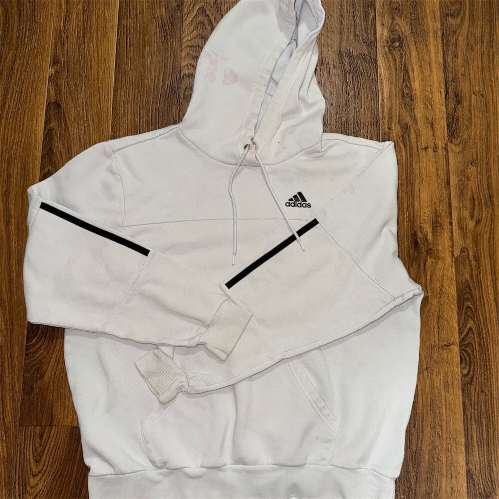 adidas Hoodie Mens Size M White Pullover Black Stripe Kangaroo Pocket